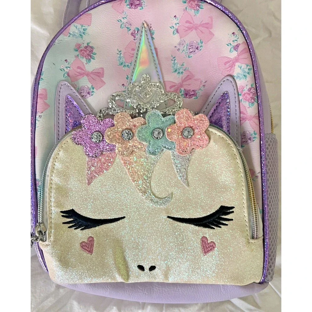 OMG Unicorn Miss Gwen Backpack Purse Purple Glitter Horn 2 Zip Pockets Floral